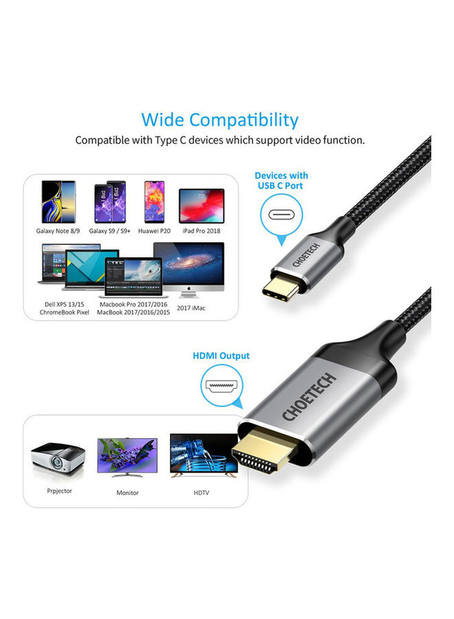 USB-C To HDMI Cable Nylon Braided Thunderbolt 3 To 60hz UHD Adapter Grey